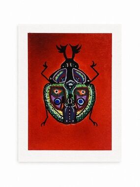 Diamond Beetle Mixed Media Art Original Insect Painting Red Background Decor